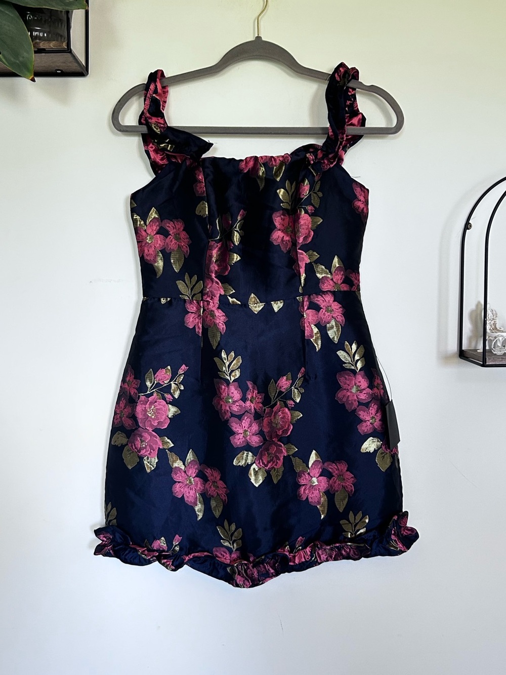 NWT Lulus Pop the Bottle Navy Blue Floral Jacquard Ruffled Mini Dress Size Small